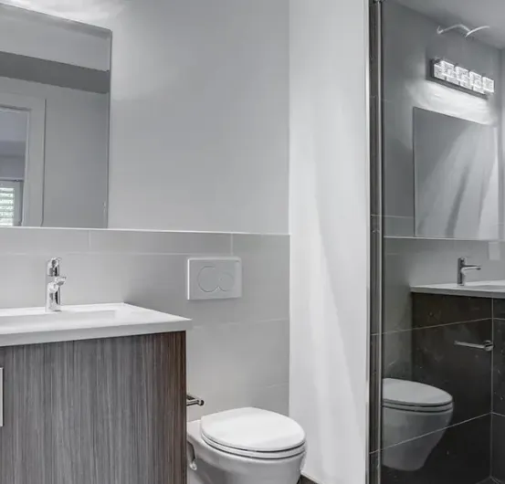 Remodeled bathroom vanity with wood cabinetry